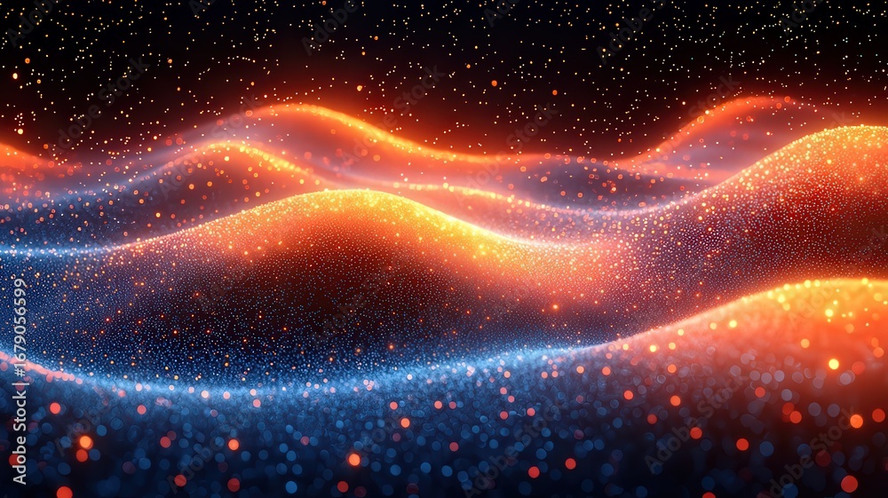 Wall mural dynamic abstract waves of glowing orange and blue paticles, creating a mesmeriing visual effect perf