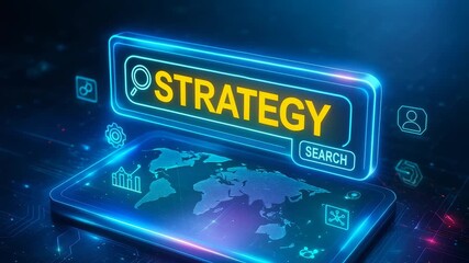 Digital strategy search concept with global map, business icons, and interactive tools for online marketing and analysis - Powered by Adobe