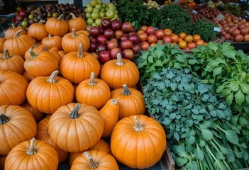 Obraz premium Farmers market stall filled with fresh pumpkins, apples, seasonal greens, vibrant colors.