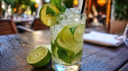 A refreshing mojito is served in a clear glass, garnished with fresh mint and lime slices. The setting is a cozy outdoor restaurant, inviting relaxation during the late afternoon.