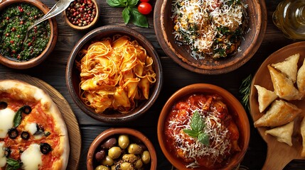 Assortment of traditional Italian dishes. Italian food.
