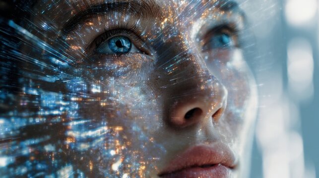 A person gazes upward with striking blue eyes, illuminated by holographic lights that cast vibrant patterns across their face. The atmosphere suggests a futuristic environment.