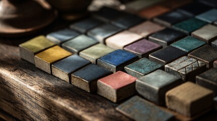 Aesthetic editorial close-up of a batch of encaustic tiles in muted jewel tones laid out in preparation for installation, dark wooden table beneath