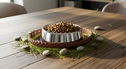 Elegant pet food display showcasing a full bowl and decorative accessories on wooden surface