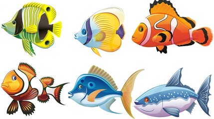 Fototapeta premium Various Fish on a White Background – a vibrant and playful visual. The colorful fish set against a white backdrop create a lively and eye-catching composition.