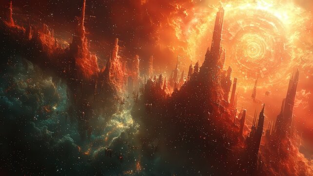 Vibrant cosmic landscape featuring fiery orange and eep blue hues, showcasing owering celestial formatios against a swirling starr backdrop.