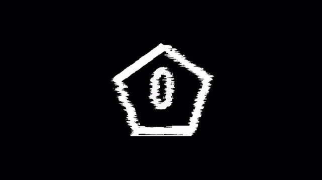 5 second Countdown glitch inside a rough pentagon outline on a black background, designed in a grunge style. Perfect for countdowns, digital intros, retro film effects, or abstract motion graphics.