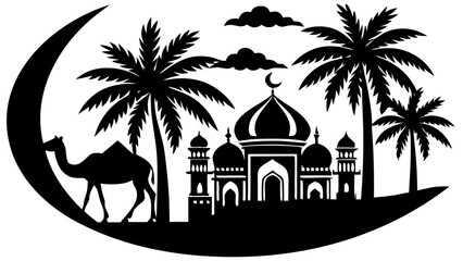 Desert Oasis Mosque and Camel Silhouette