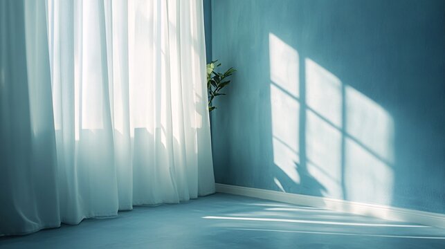 Sunlight streams through a window into a serene blue room