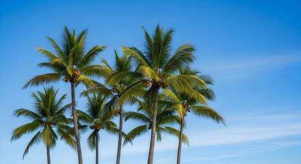 Tropical paradise view of coconut palm trees against a vibrant blue sky background