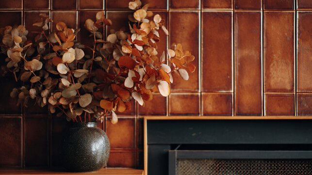 Autumnal-inspired arrangement of burnt sienna tiles mounted around a small indoor fireplace, dry eucalyptus in the frame copy space at center