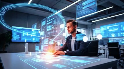 Futuristic office scene featuring a focused man interacting with holographic data displays - Powered by Adobe