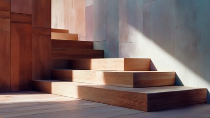 Warm wooden stairs illuminated by soft sunlight in a modern interior setting