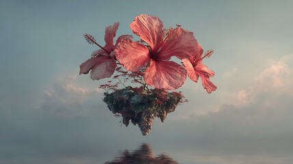 Surreal floating island with pink hibiscus flowers reflected in calm water