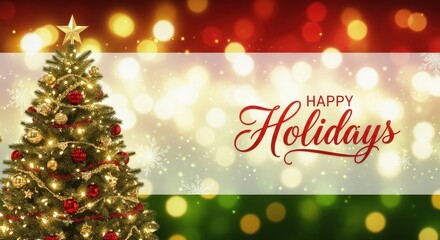 Beautifully Decorated Christmas Tree With Happy Holidays Message And Festive Bokeh Lights