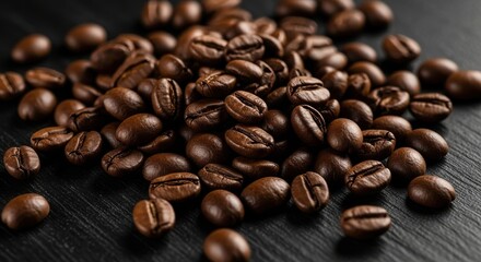Obraz premium Close up view of roasted coffee beans scattered on a dark textured surface creating a warm inviting atmosphere