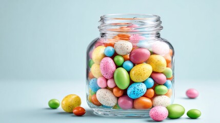 A clear glass jar filled with an assortment of colorful Easter candies sits against a light blue background. Pastel shades create a cheerful atmosphere typical of spring celebrations.
