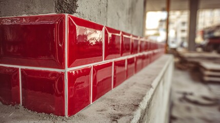 Clean grid of glossy red metro tiles mid-installation, vivid pop against raw concrete, strong geometric appeal
