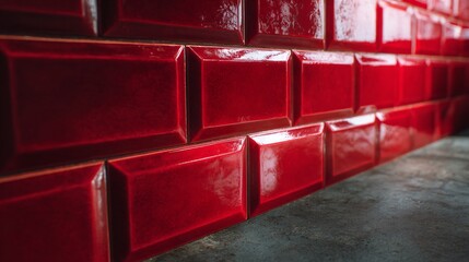Clean grid of glossy red metro tiles mid-installation, vivid pop against raw concrete, strong geometric appeal