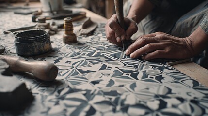 Close-up of artisan applying adhesive to the back of a bold geometric tile, surrounded by worn tools and gridlines, cinematic shadows open space in top corner