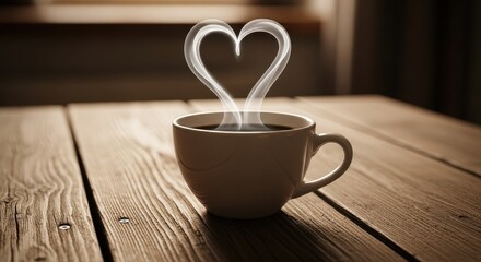 Cup of Hot Coffee Emitting Steam in a Heart Shape on Wooden Table