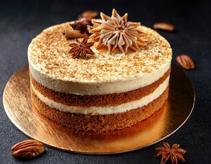 delicious layered cake with creamy frosting and star anise decoration on top featu a textured nut crust and multiple slices on dark background