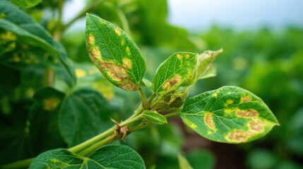 Obraz premium Soybean leaves exhibit yellow and brown spots indicating disease in a lush green farm field under a clear sky. Healthy and affected plants are visible in the background.