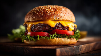 Gourmet cheeseburger with melted cheddar, lettuce, tomato, and sesame bun on wooden board, studio lighting with moody shadows