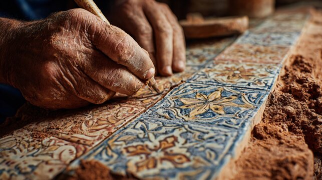 Close-up of hand-painted Moroccan tiles being mounted on a rustic terracotta wall, artisan hands visible mid-process, minimal background, textured tools and grout nearby