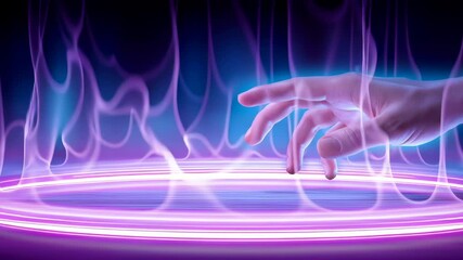 Luminescent holographic projection emerging from human interaction, revealing dynamic technological interface with pulsing energy waves and immersive visual communication. - Powered by Adobe