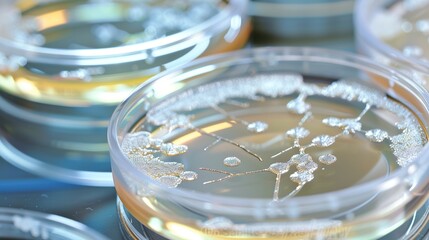 Close-Up Petri Dish with Microbe Colony: Detailed View of Bacterial/Fungal Growth, Textured Colonies, and Nutrient Agar Surface in Laboratory Setting