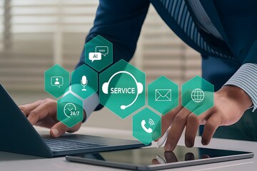 businessman working on laptop call center icon