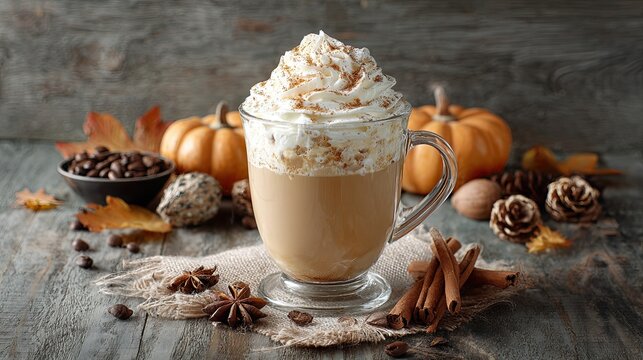 Pumpkin spice latte in glass cup with whipped cream, cinnamon and coffee beans on rustic table - Powered by Adobe