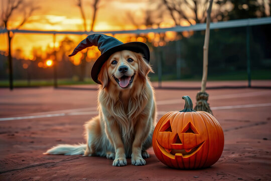Golden retriever dog in a witch hat next to a carved pumpkin.