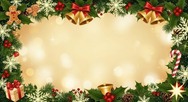 Festive Holiday Christmas Decoration Border with Warm Golden Lights and Ornaments