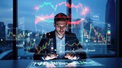 Business professional analyzing financial data on a futuristic touchscreen interface at night - Powered by Adobe