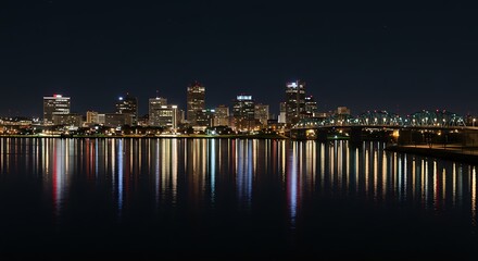 City Skyline at Night with Water Reflections.