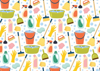 Seamless cleaning tools and supplies pattern. Background with mop, broom, gloves, brushes, dustpan, cleaning spray, bucket, plunger and soap bubbles