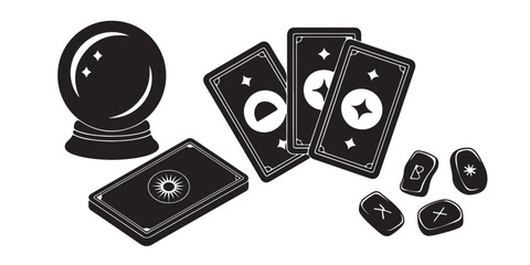 PrinMystical objects including a crystal ball tarot cards and runes for fortune telling and magic