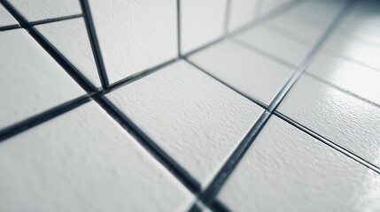 Minimalist detail of spacer grid system during installation, close-up of precision lines, white tiles with matte grout stark and modern