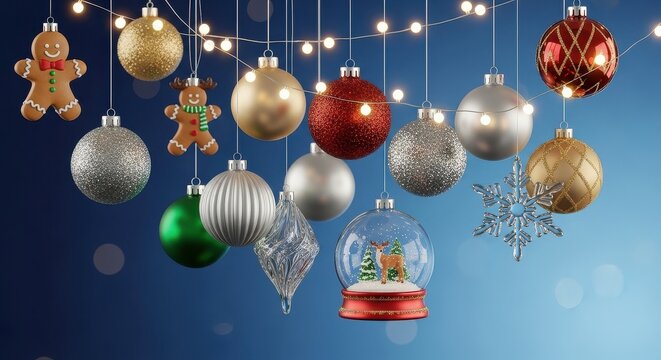 Festive Christmas Ornaments Hanging With Twinkling Lights Decoration