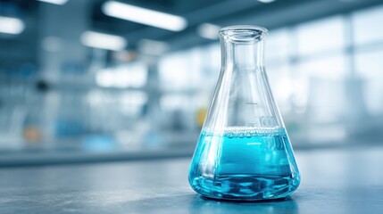 A clear glass flask filled with a vibrant blue liquid stands on a laboratory table. The laboratory is well-lit with modern equipment visible in the background, creating a scientific atmosphere.
