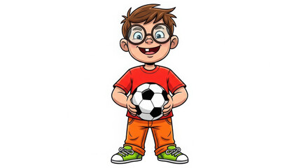 Happy young boy with glasses holding a soccer ball