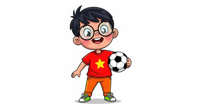 Happy cartoon boy wearing glasses holding a soccer ball - Powered by Adobe