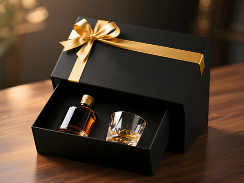Black luxury gift box with golden ribbon holding whiskey bottle and glass on wooden surface - Powered by Adobe