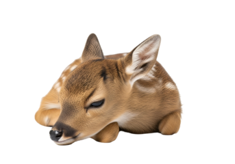 A fawn rests peacefully against a black background, showcasing its soft, light brown fur with subtle white markings.