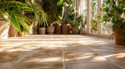 Obraz premium Process shot: laying sandy beige Moroccan tiles in a sunroom, with afternoon shadows and large plants nearby airy composition