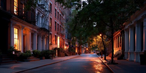 Fototapeta premium Quiet evening stroll on a charming street in an urban neighborhood with warm lights glowing from historic buildings