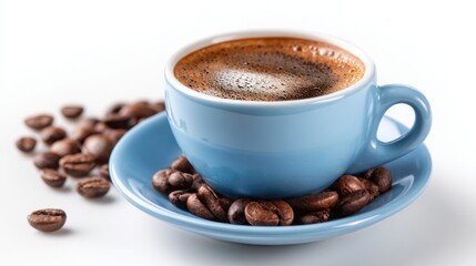 Fototapeta premium A light blue cup filled with rich, dark coffee sits on a matching saucer. Roasted coffee beans are scattered around, enhancing the aromatic presentation.
