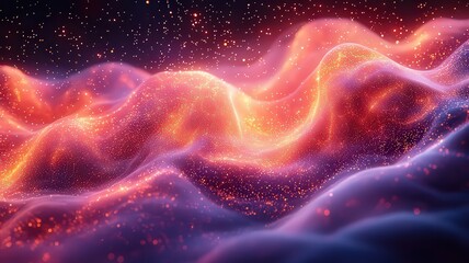 Vibrant abstract waves of light and color, creating  mesmerizing cosmic landscpe filled with glowing paricles, perfect for digitalart and technology themes.